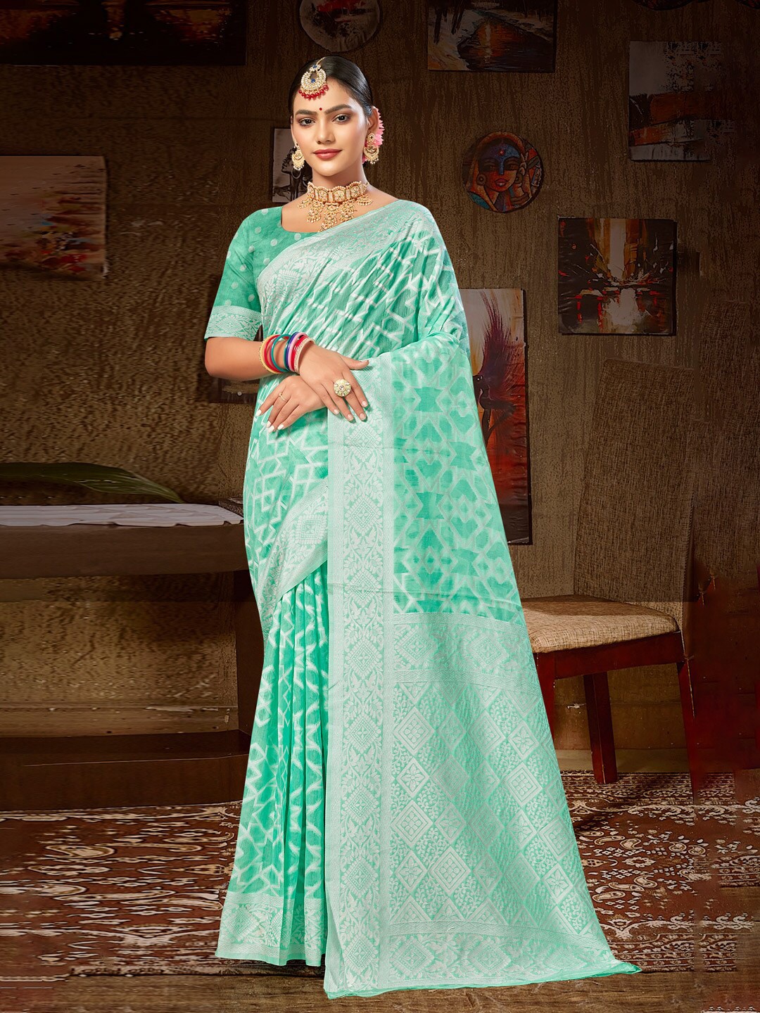 

Mitera Sea Green & Silver-Toned Geometric Woven Design Zari Saree