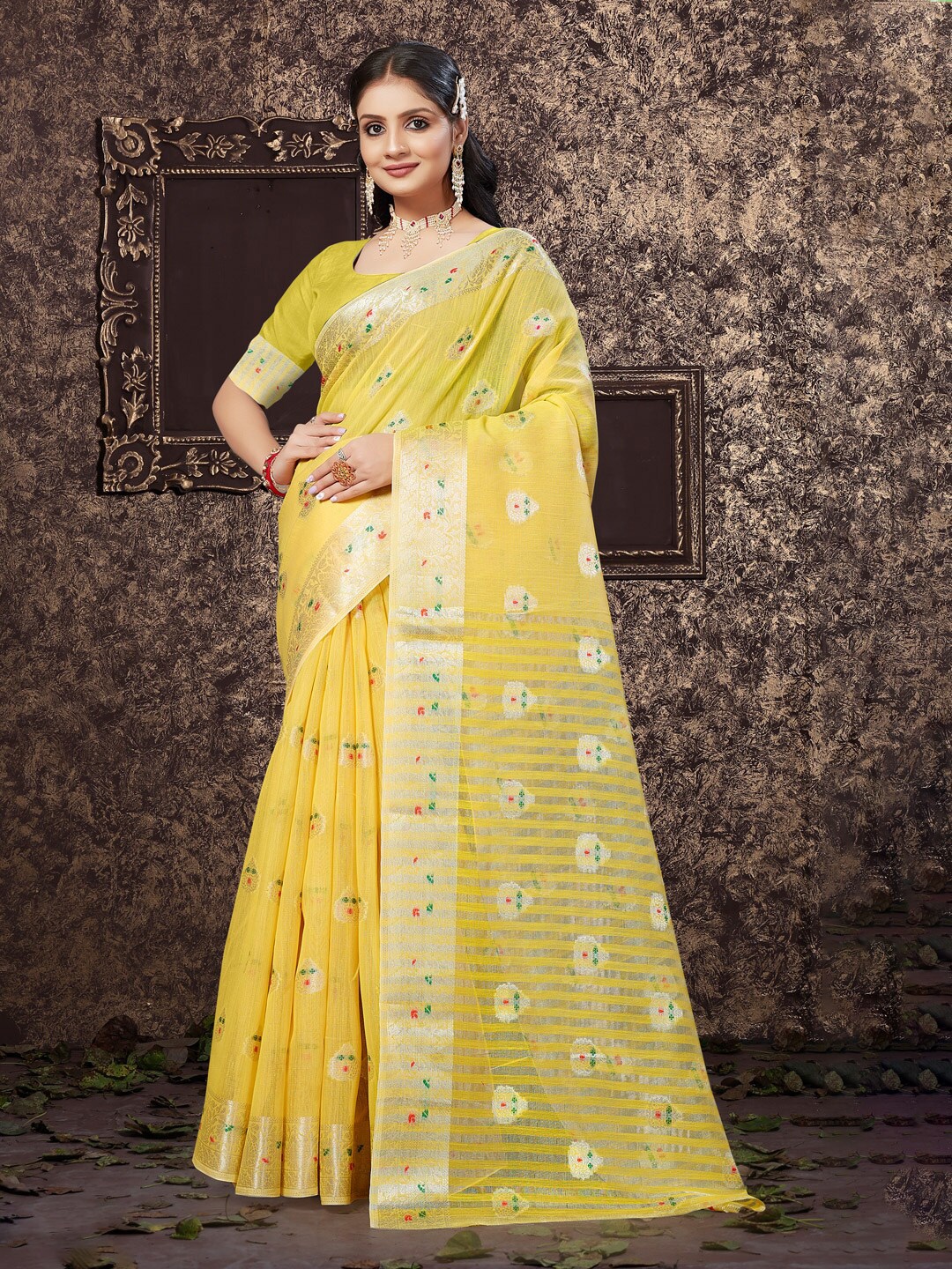 

Mitera Yellow & Gold-Toned Ethnic Motifs Woven Design Zari Linen Blend Saree