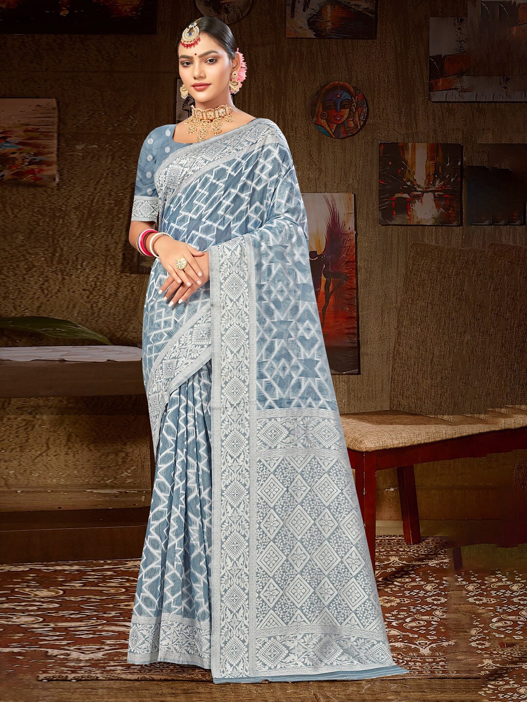 

Mitera Grey Geometric Woven Design Zari Detail Sarees