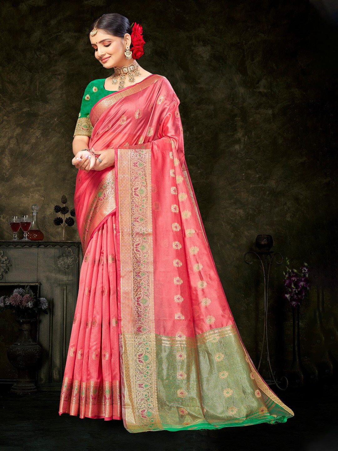 

Mitera Pink Ethnic Motifs Woven Design Zari Organza Saree