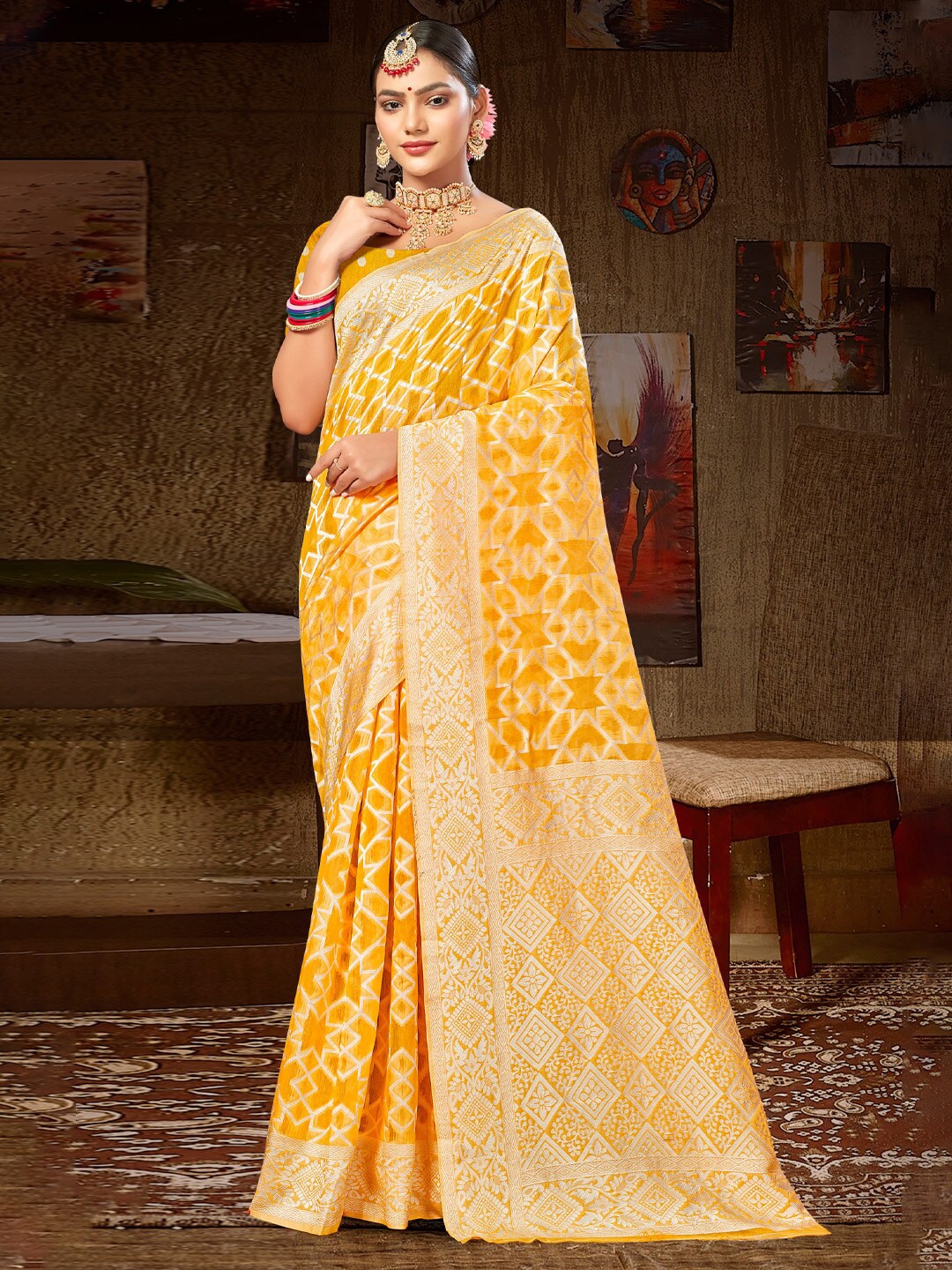 

Mitera Geometric Woven Design Zari Saree, Yellow