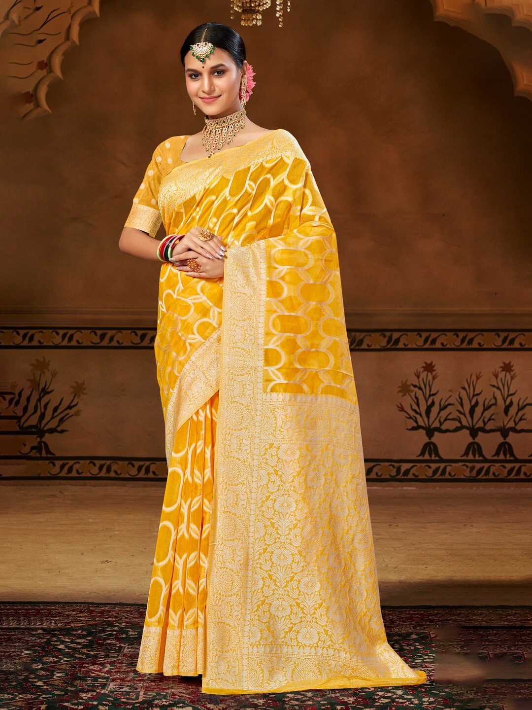 

Mitera Yellow & Gold-Toned Ethnic Motifs Woven Design Zari Saree