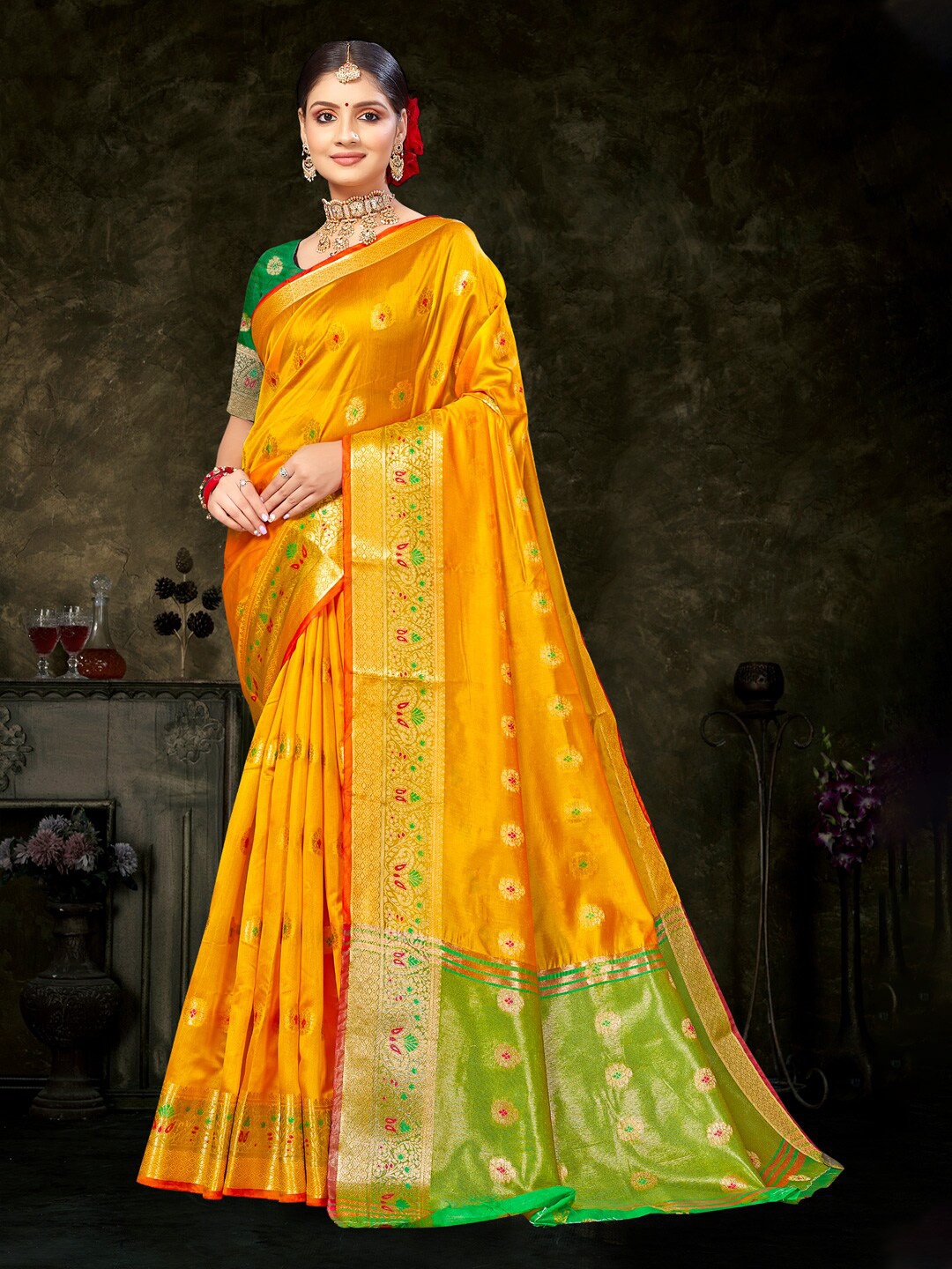 

Mitera Yellow & Green Ethnic Motifs Woven Design Zari Organza Saree