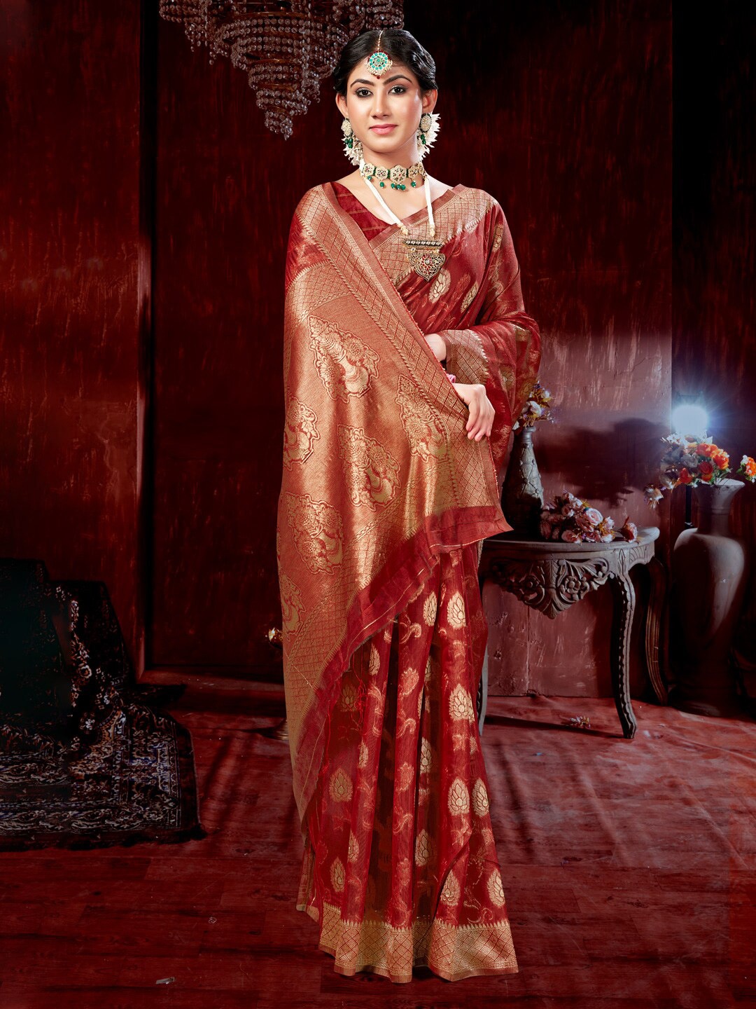 

Mitera Woven Design Zardozi Saree, Red