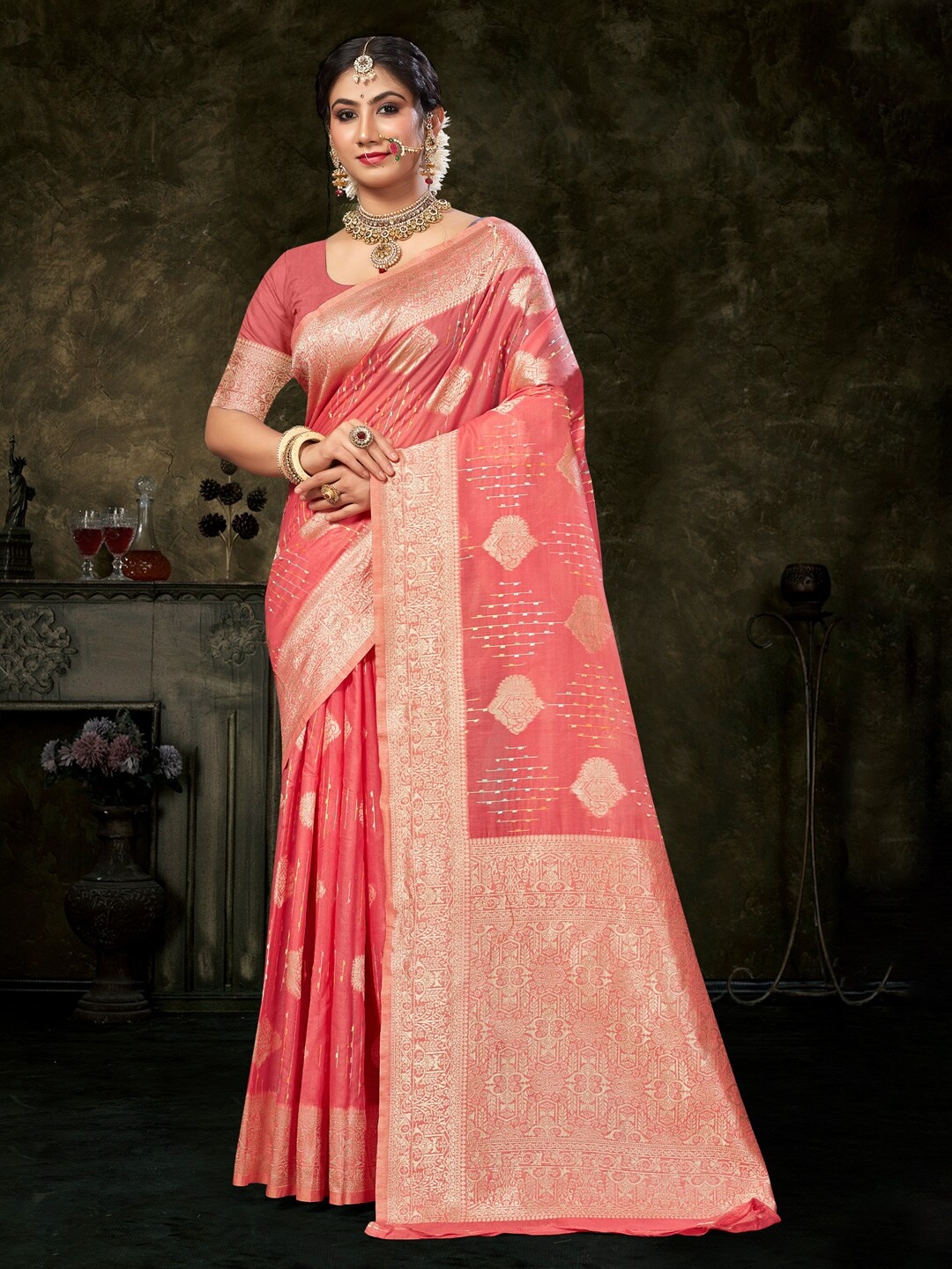

Mitera Peach-Coloured & Gold-Toned Woven Design Zari Saree