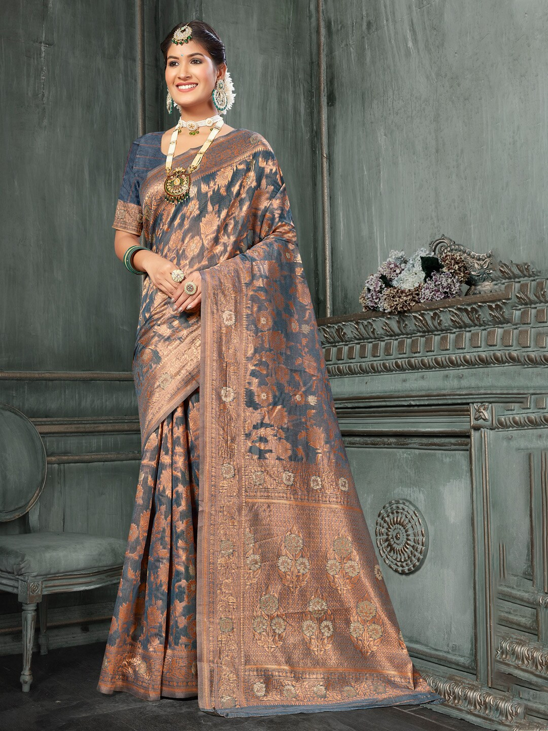

Mitera Ethnic Motifs Woven Design Zari Saree, Grey