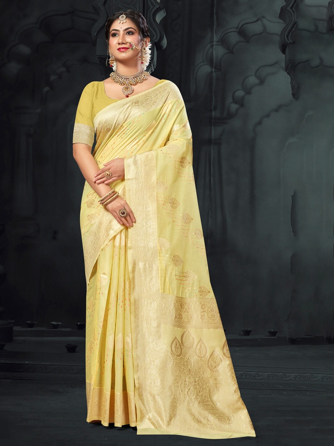 

Mitera Yellow & Gold-Toned Ethnic Motifs Woven Design Zari Saree
