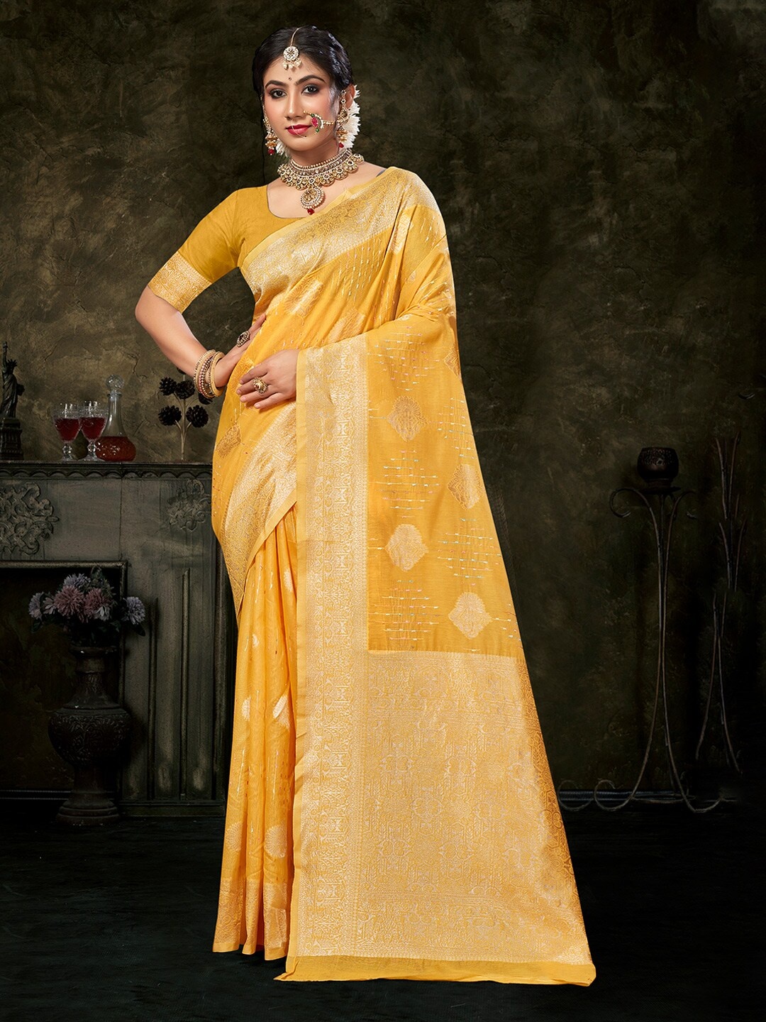 

Mitera Yellow & Gold-Toned Ethnic Motifs Woven Design Zari Saree