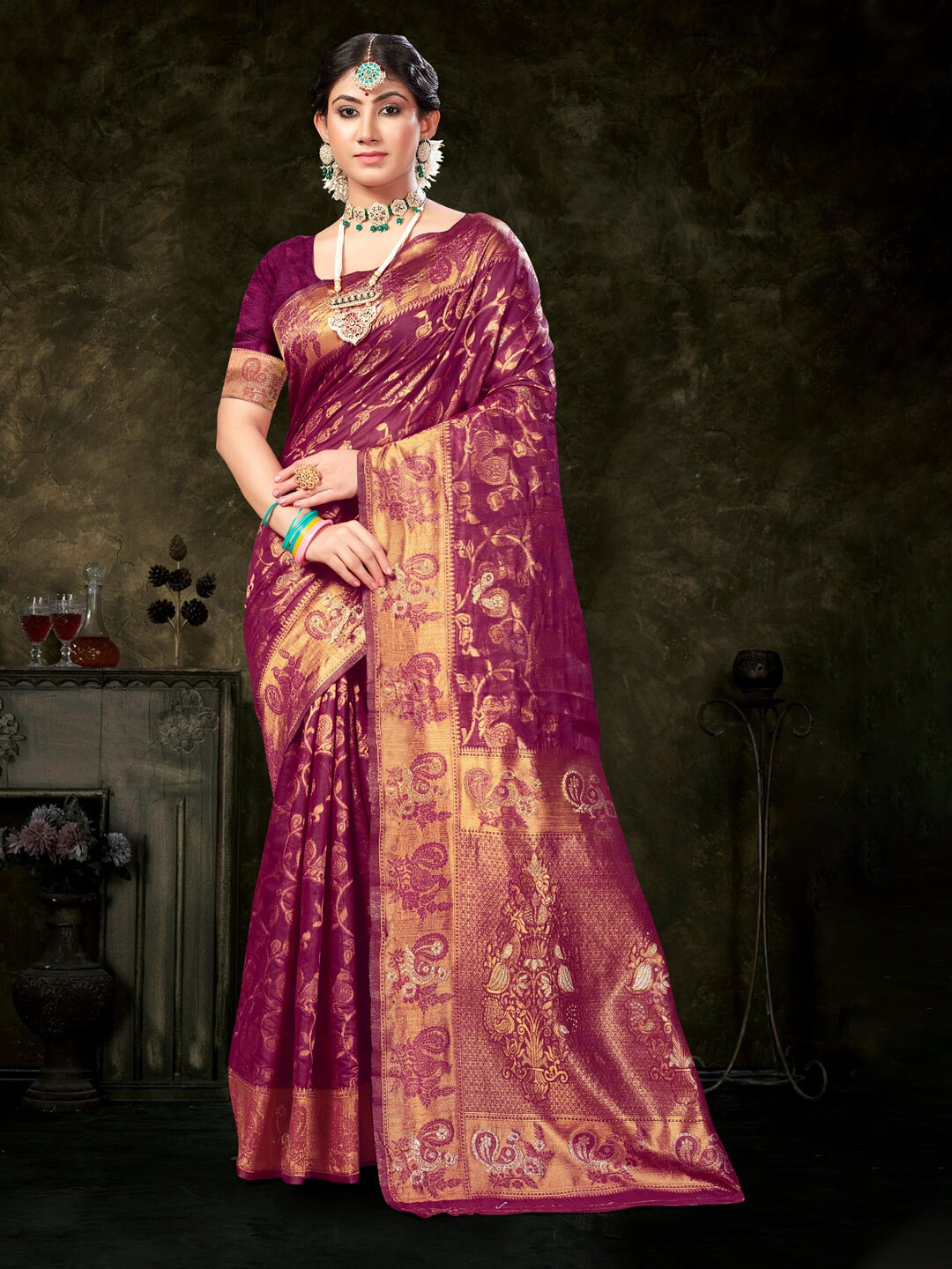 

Mitera Purple Ethnic Motifs Woven Design Zari Saree