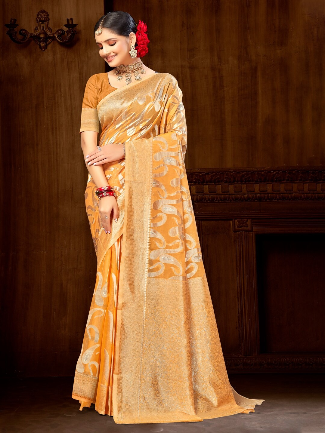 

Mitera Yellow Ethnic Motifs Woven Design Zari Saree