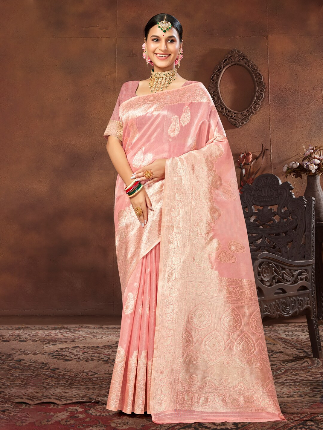 

Mitera Peach-Coloured Paisley Woven Design Zari Detailed Saree
