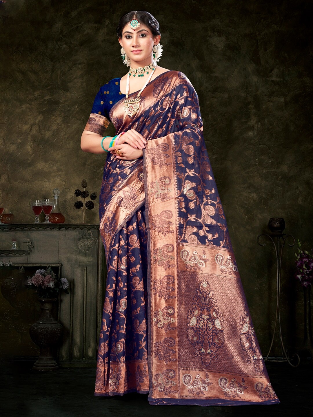 

Mitera Ethnic Motifs Woven Design Zari Saree, Navy blue