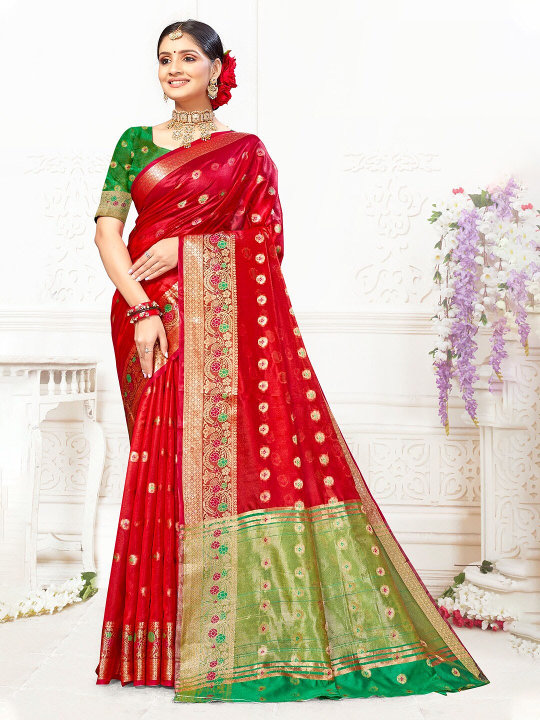 

Mitera Red & Green Woven Design Zari Organza Saree