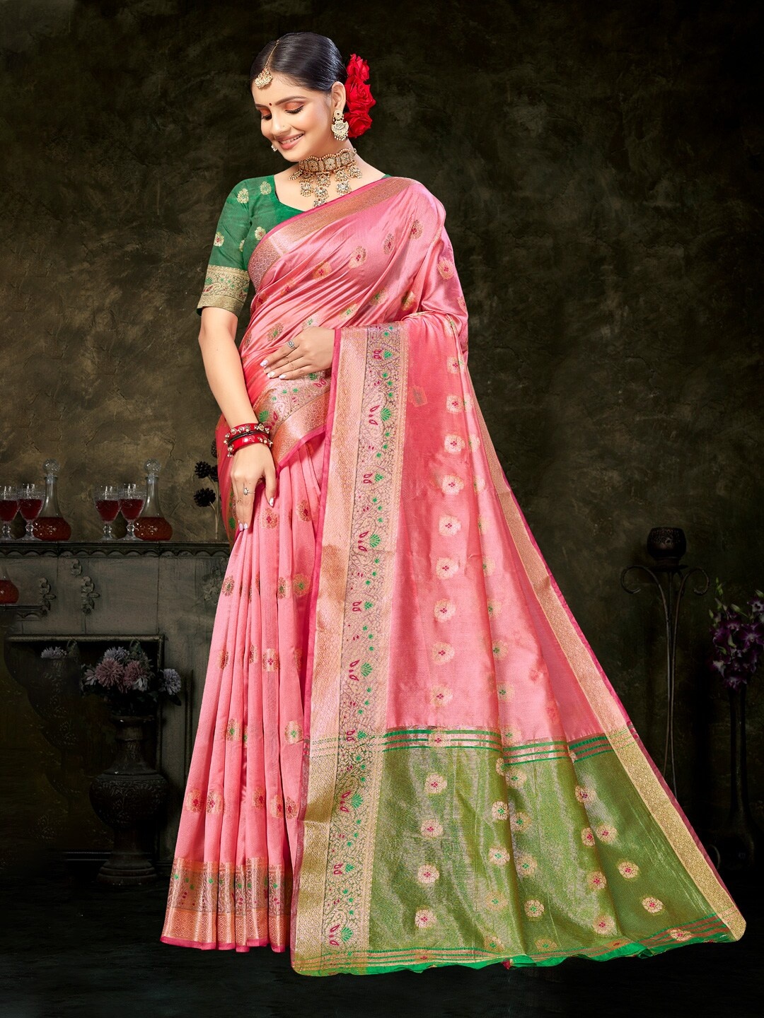 

Mitera Pink Ethnic Motifs Woven Design Zari Detailed Organza Saree