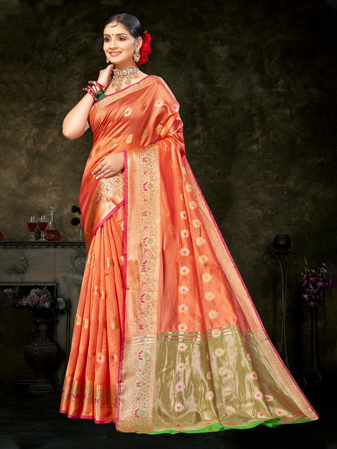 

Mitera Peach-Coloured & Green Woven Design Zari Organza Saree
