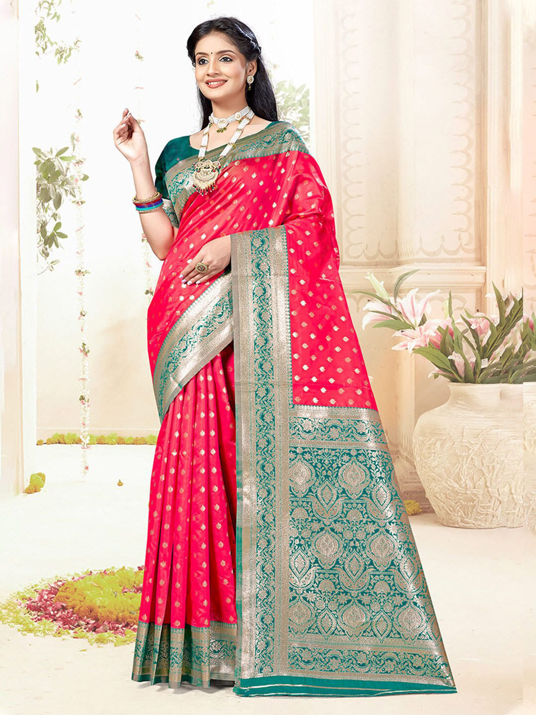 

Mitera Ethnic Motifs Woven Design Zari Saree, Pink
