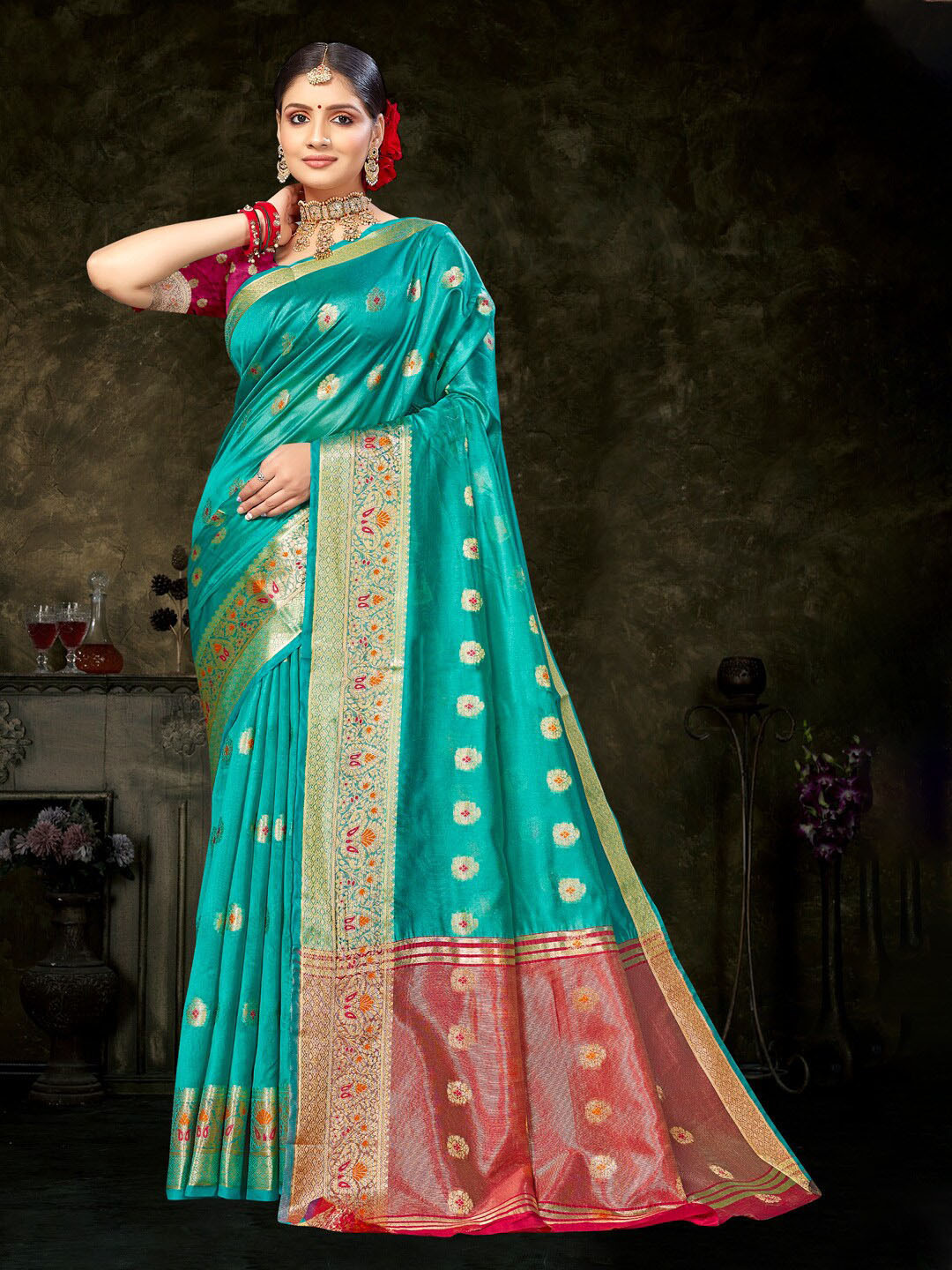 

Mitera Ethnic Motifs Woven Design Zari Organza Saree, Sea green