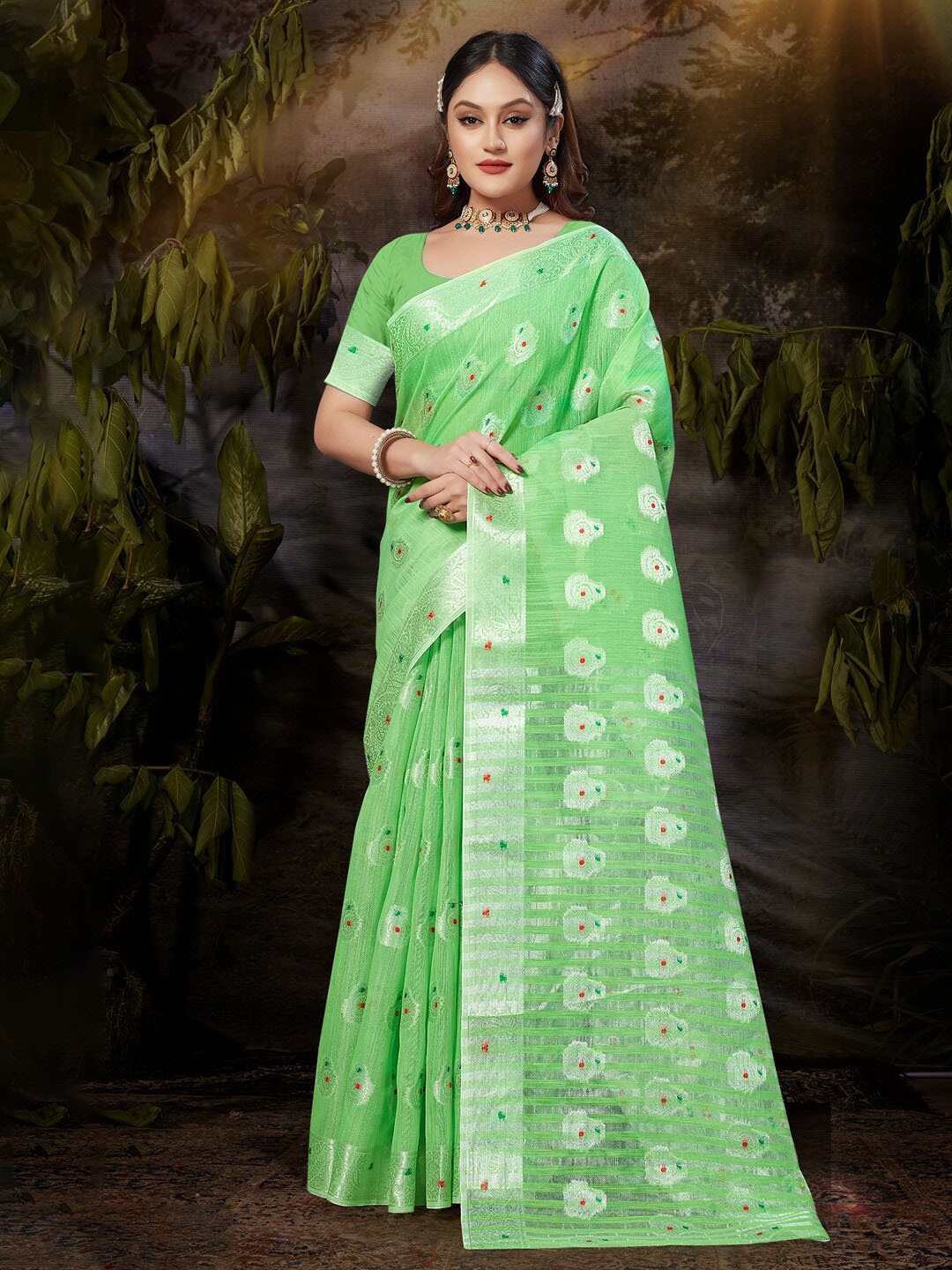 

Mitera Woven Design Zari Linen Blend Saree, Green