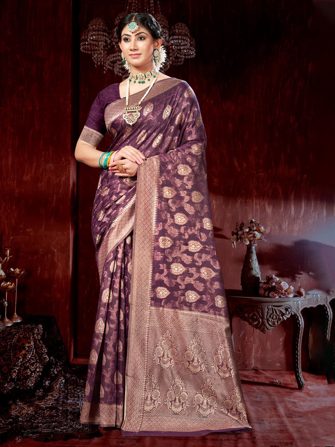 

Mitera Woven Design Cotton Zari Saree, Purple