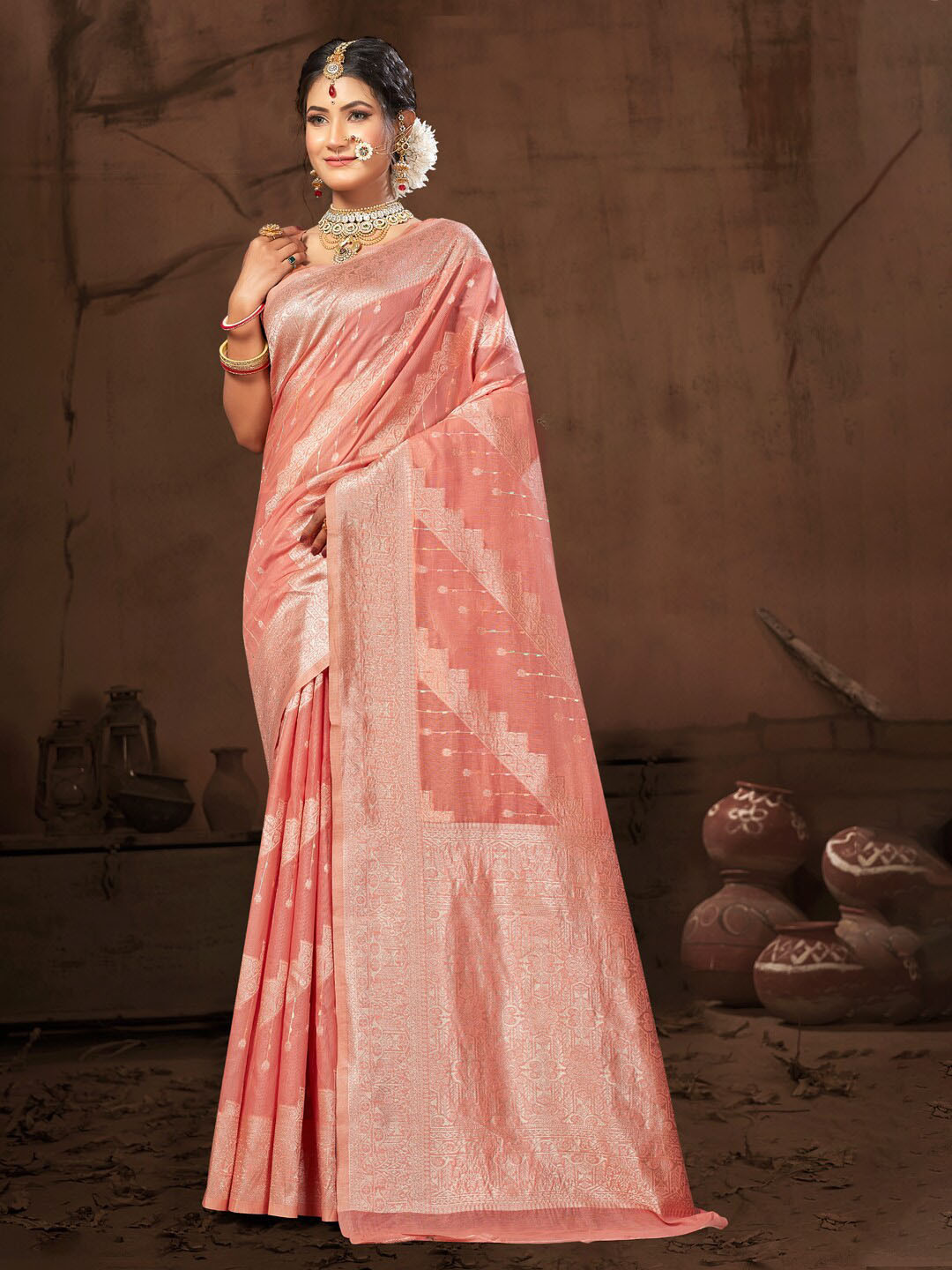 

Mitera Peach-Coloured Ethnic Motifs Woven Design Zari Detailed Saree