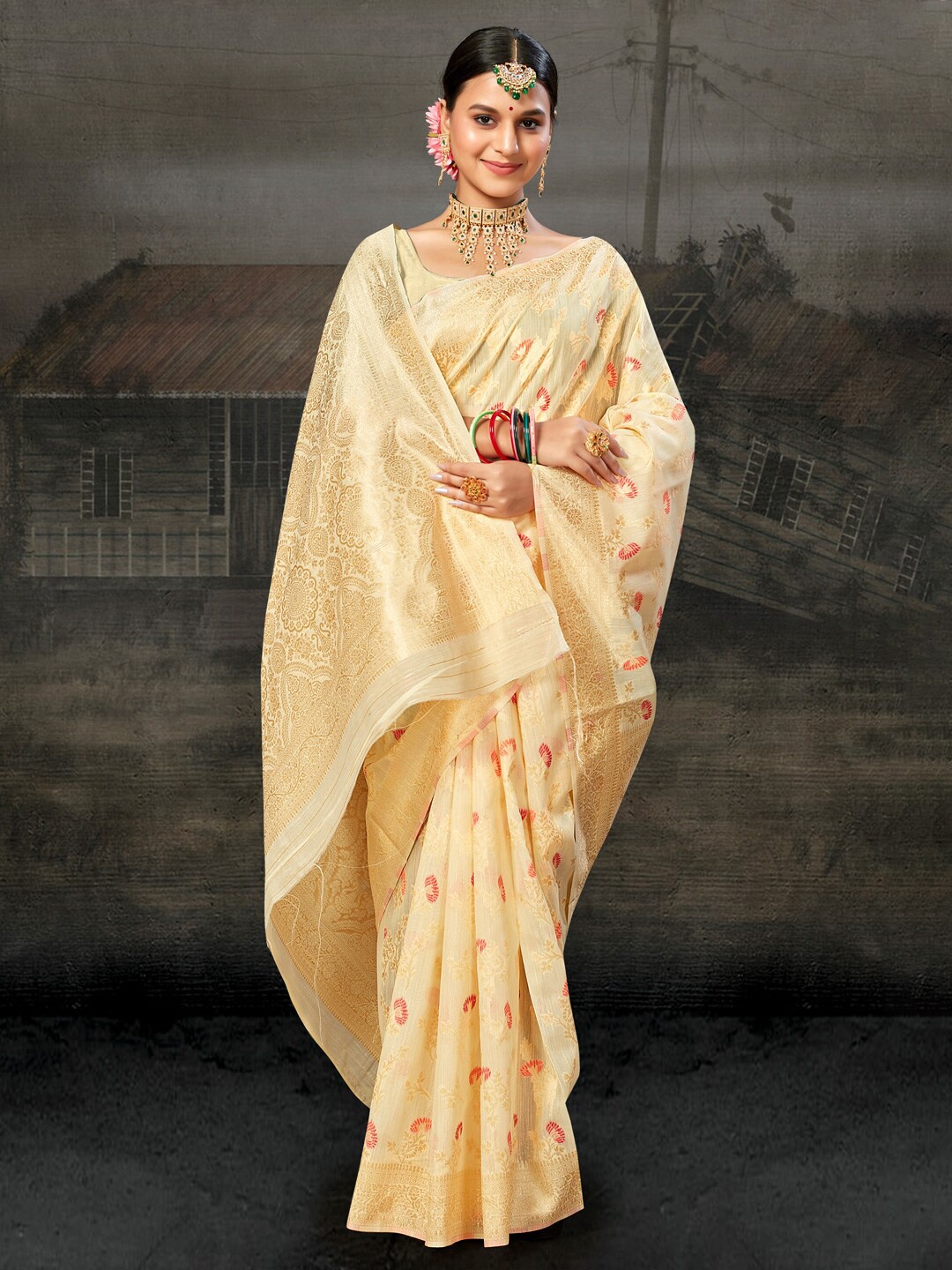 

Mitera Ethnic Motifs Woven Design Zari Saree, Cream