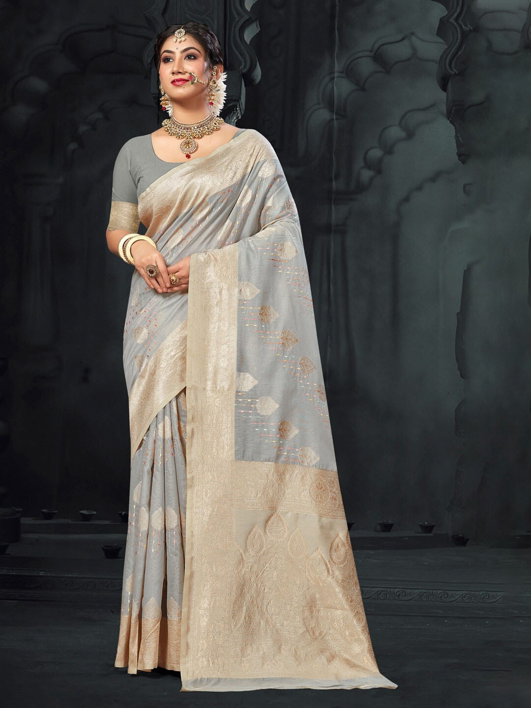 

Mitera Grey & Gold-Toned Ethnic Motif Woven Design Zari Saree
