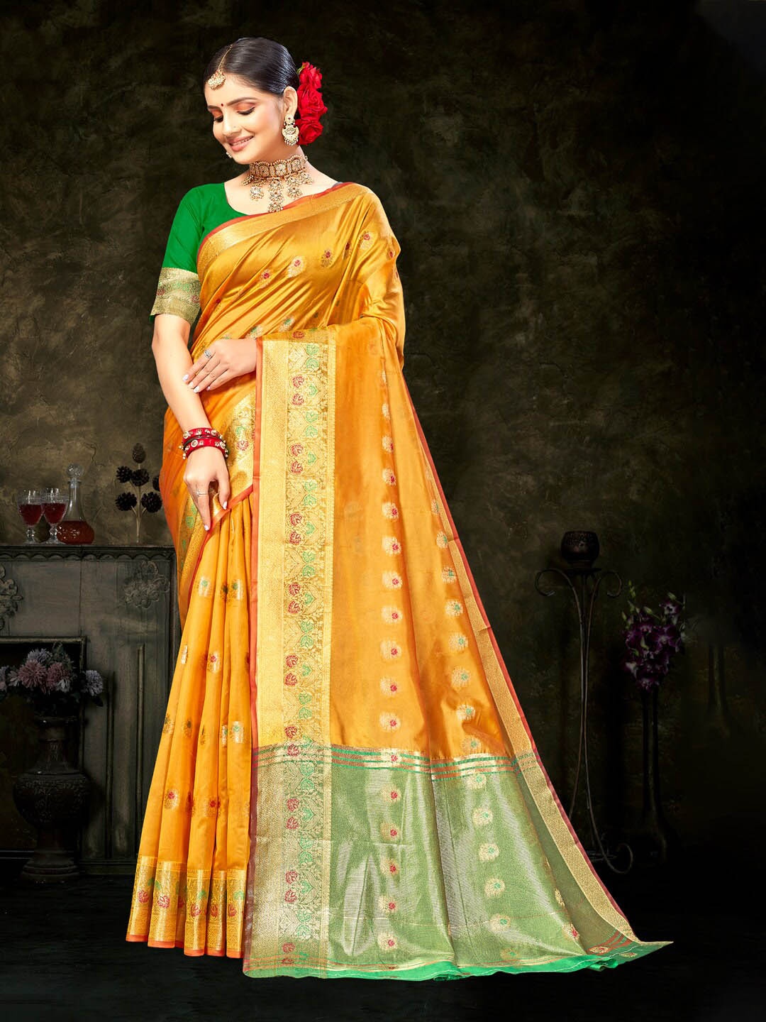 

Mitera Mustard Ethnic Motifs Woven Design Zari Organza Saree