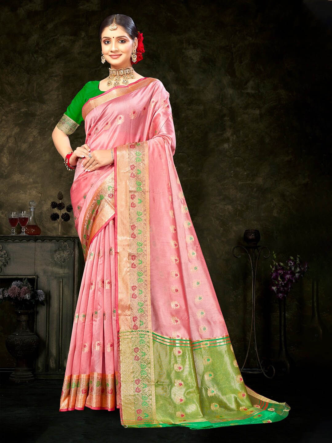 

Mitera Ethnic Motifs Woven Design Zari Organza Saree, Pink