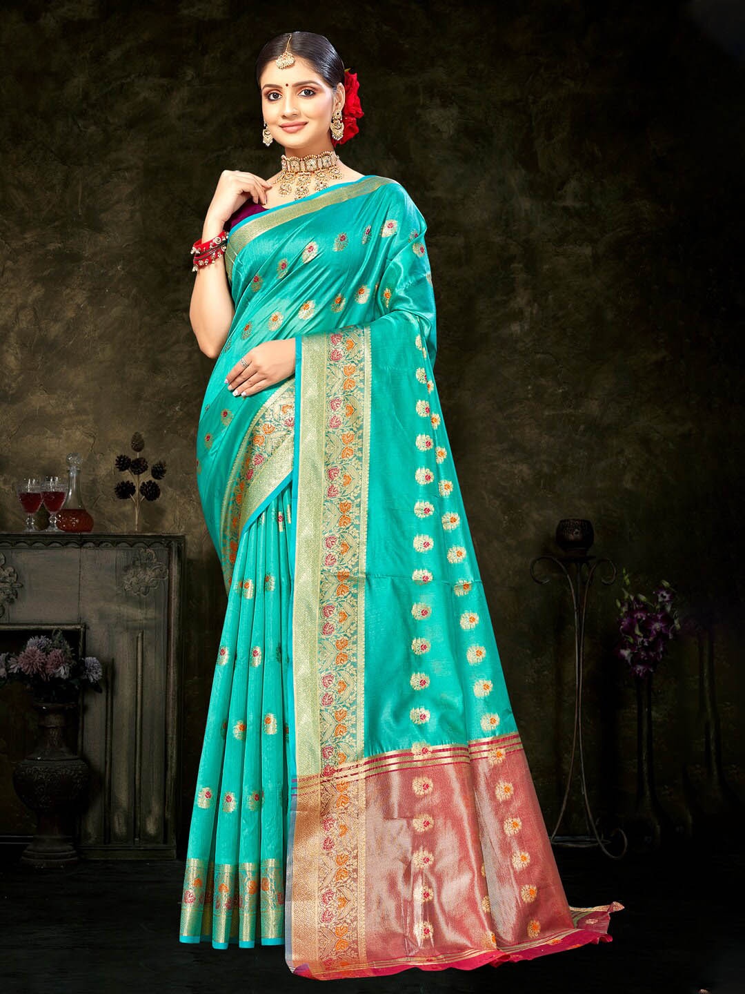 

Mitera Ethnic Motifs Woven Design Zari Organza Saree, Sea green
