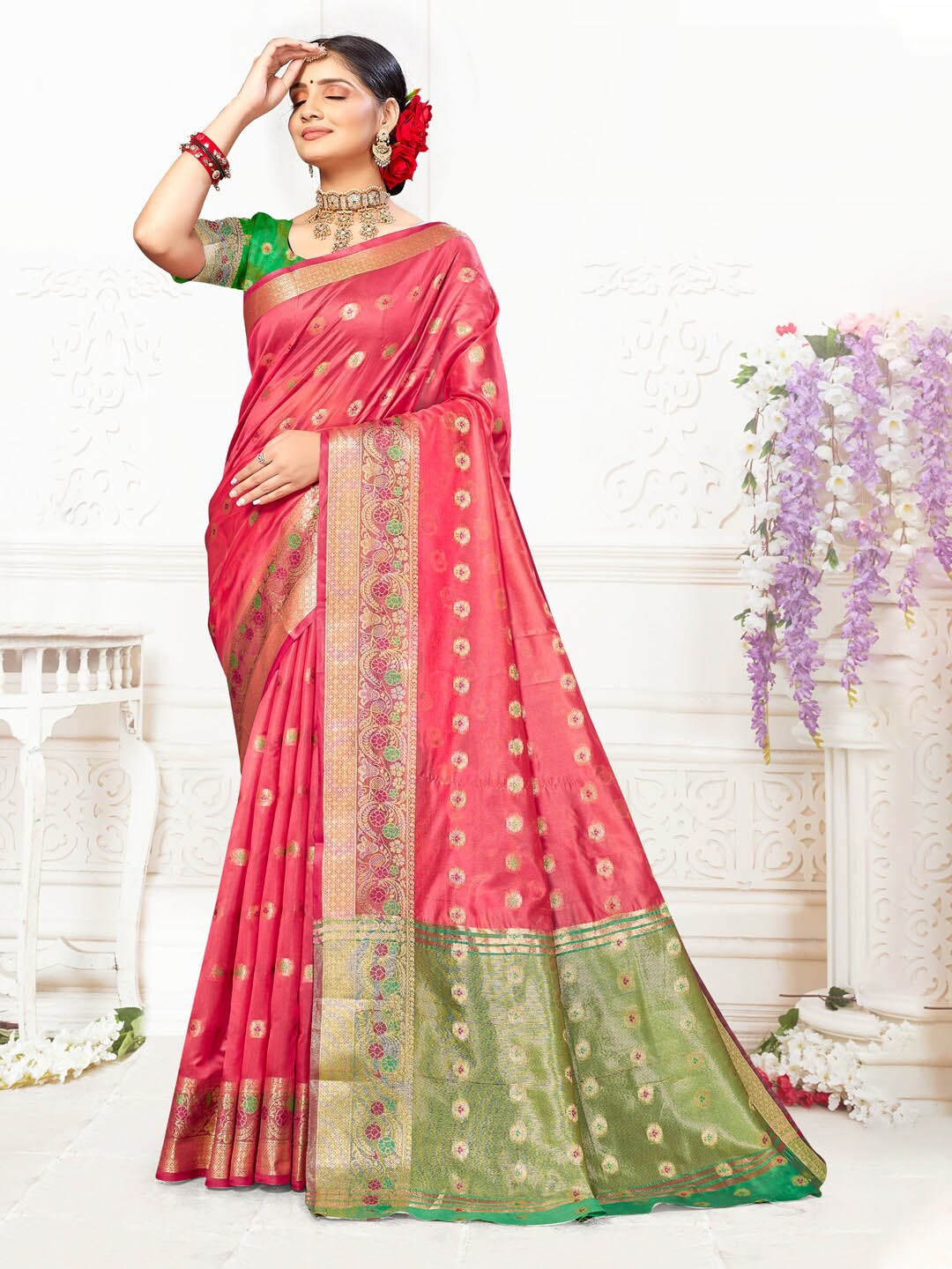 

Mitera Ethnic Motif Woven Design Zari Organza Saree, Pink