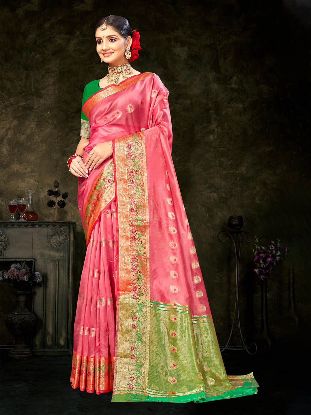 

Mitera Pink & Green Ethnic Motifs Woven Design Zari Organza Saree