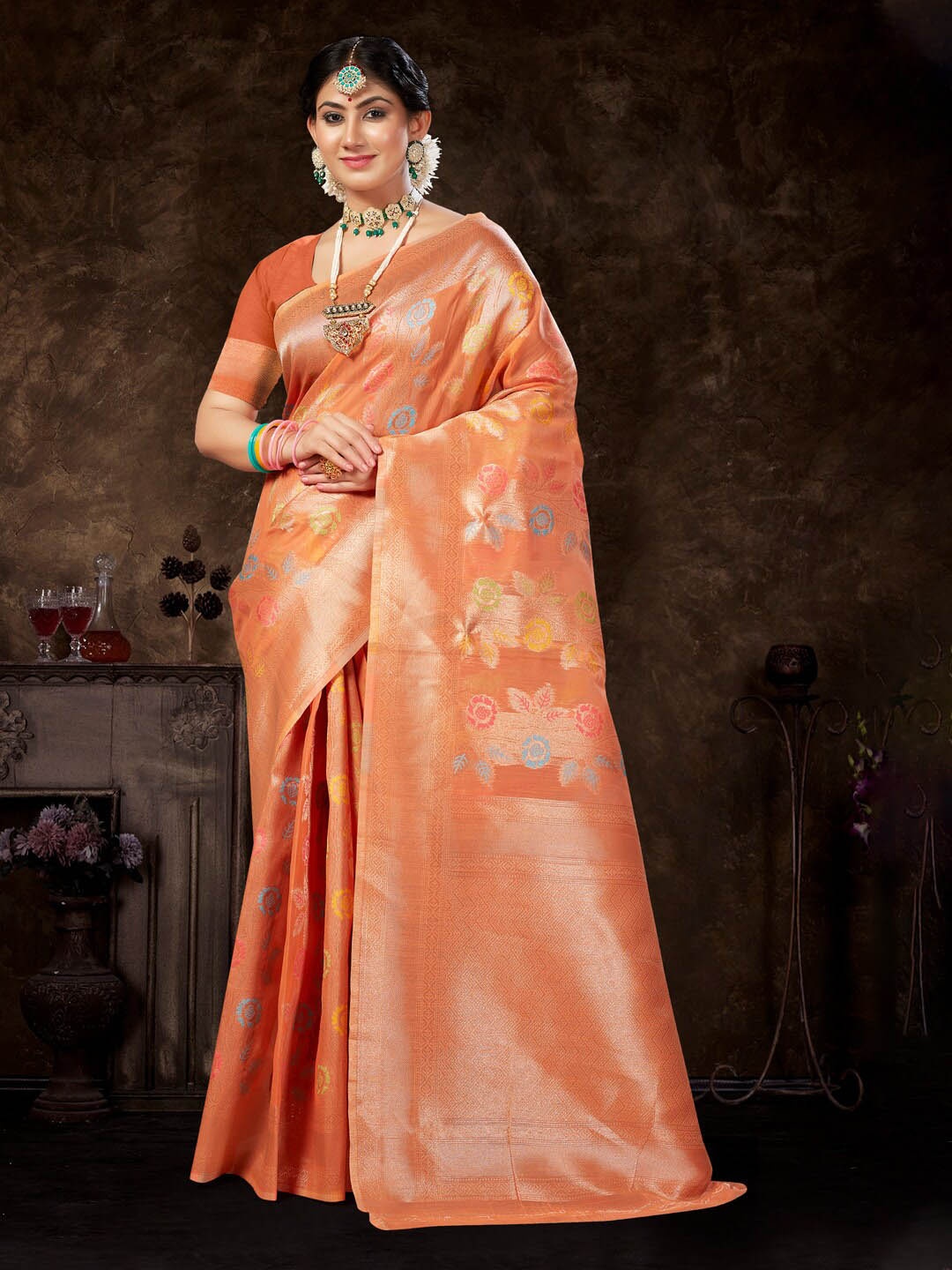 

Mitera Woven Design Zari Saree, Orange