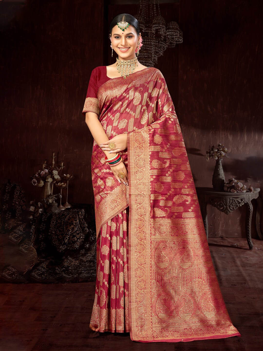 

Mitera Maroon & Gold-Toned Woven Design Zari Saree