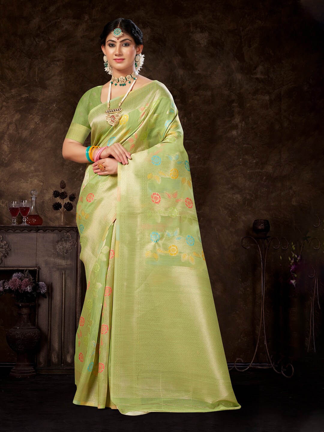 

Mitera Green Floral Woven Design Zari Saree