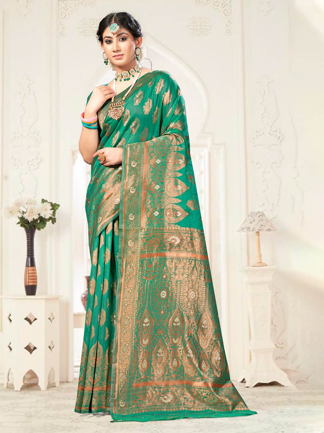 

Mitera Ethnic Motifs Woven Design Zari Saree, Sea green