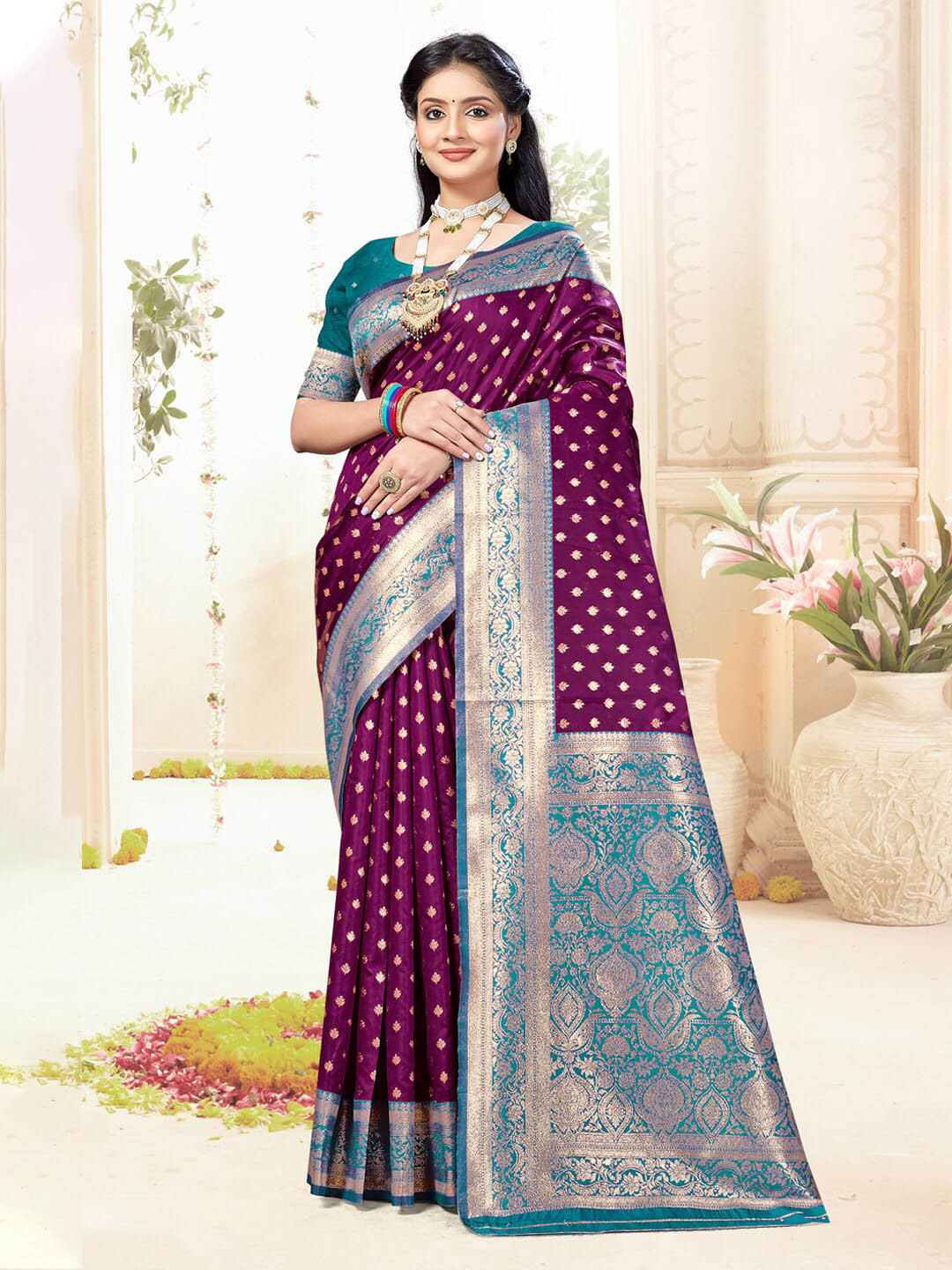 

Mitera Purple & Blue Ethnic Motifs Woven Design Zari Saree