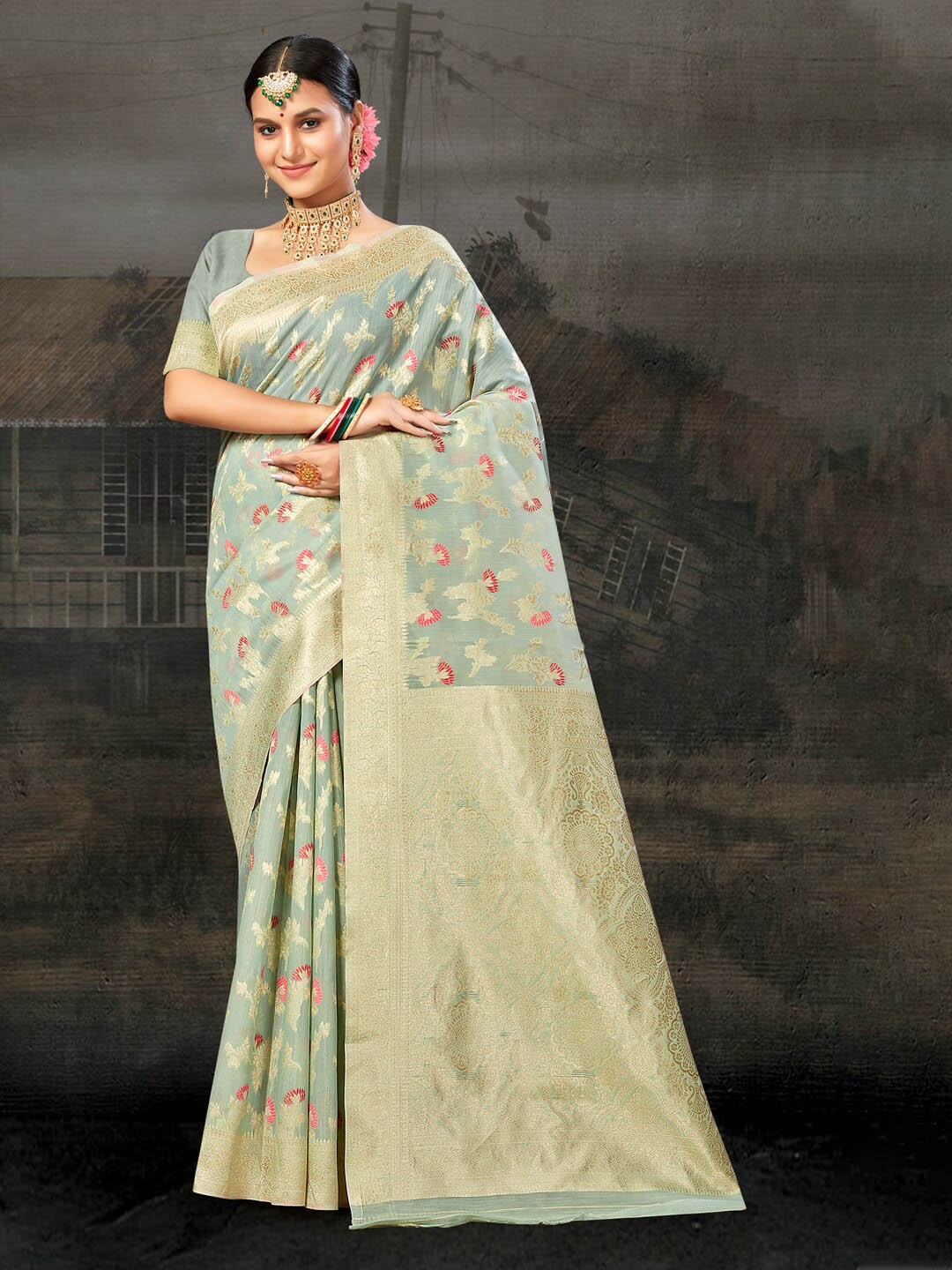

Mitera Ethnic Motifs Woven Design Zari Saree, Grey
