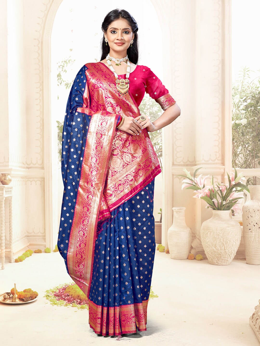 

Mitera Blue & Pink Ethnic Motifs Woven Design Zari Saree