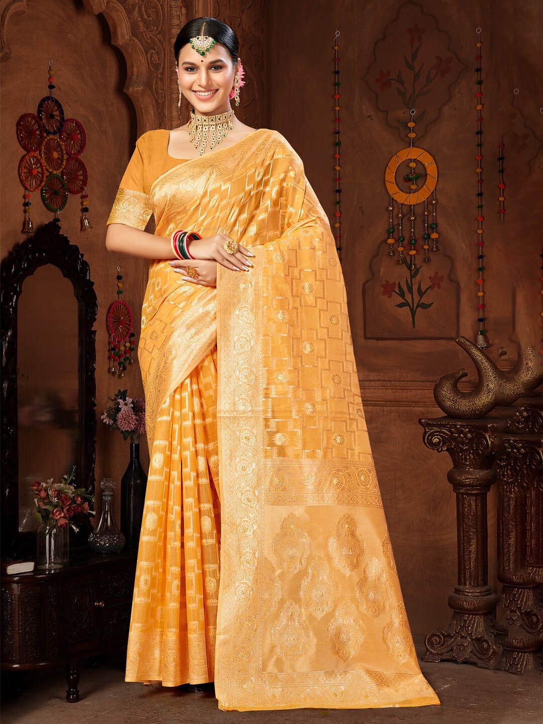 

Mitera Mustard & Gold-Toned Woven Design Zari Saree