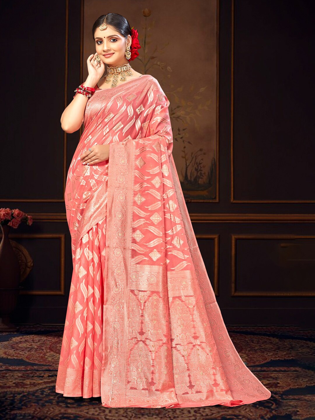 

Mitera Pink & Gold-Toned Floral Woven Design Zari Saree
