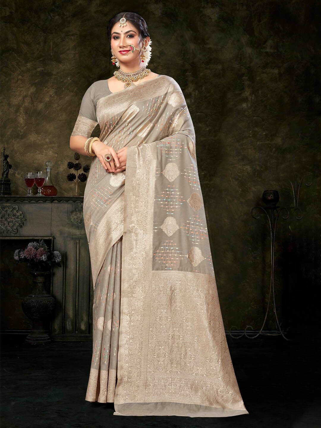 

Mitera Ethnic Motifs Woven Design Zari Saree, Grey