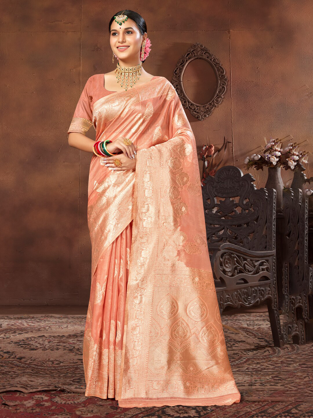 

Mitera Woven Design Zari Saree, Peach