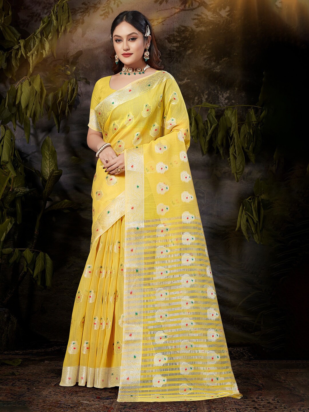 

Mitera Yellow & Red Ethnic Motifs Woven Design Zari Linen Blend Saree