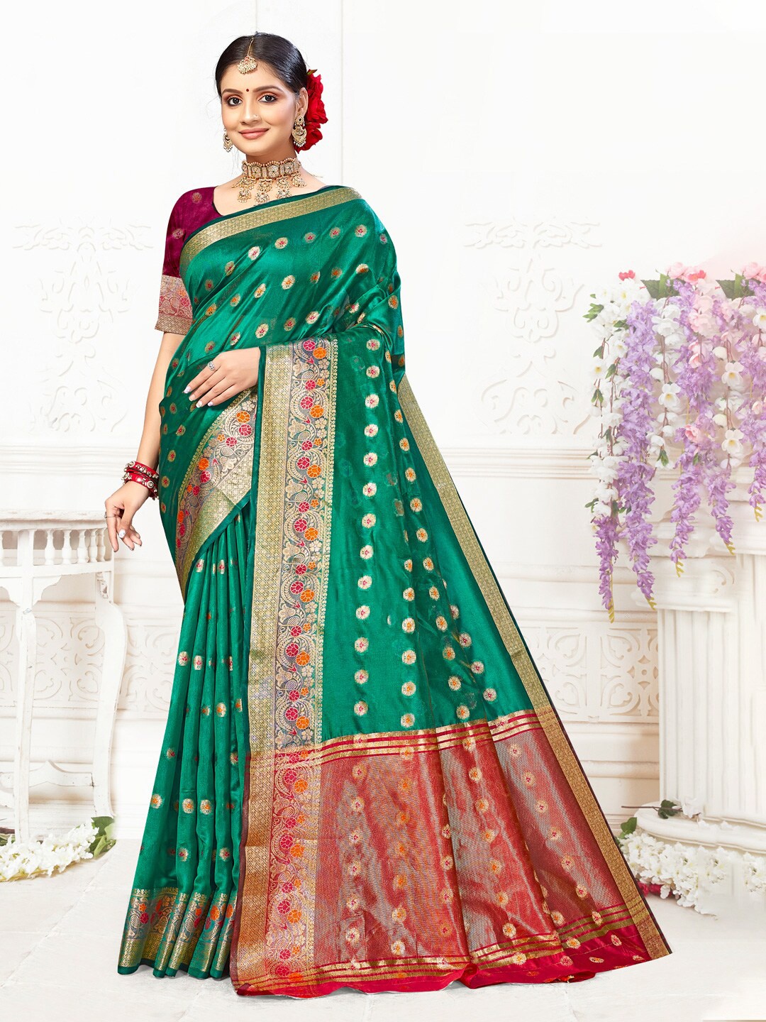 

Mitera Ethnic Motif Woven Design Zari Organza Saree, Green