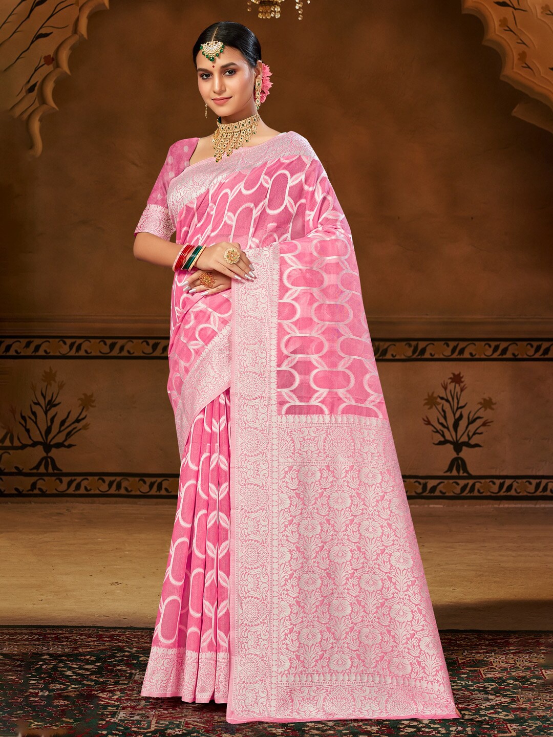 

Mitera Pink & Silver-Toned Woven Design Zari Saree