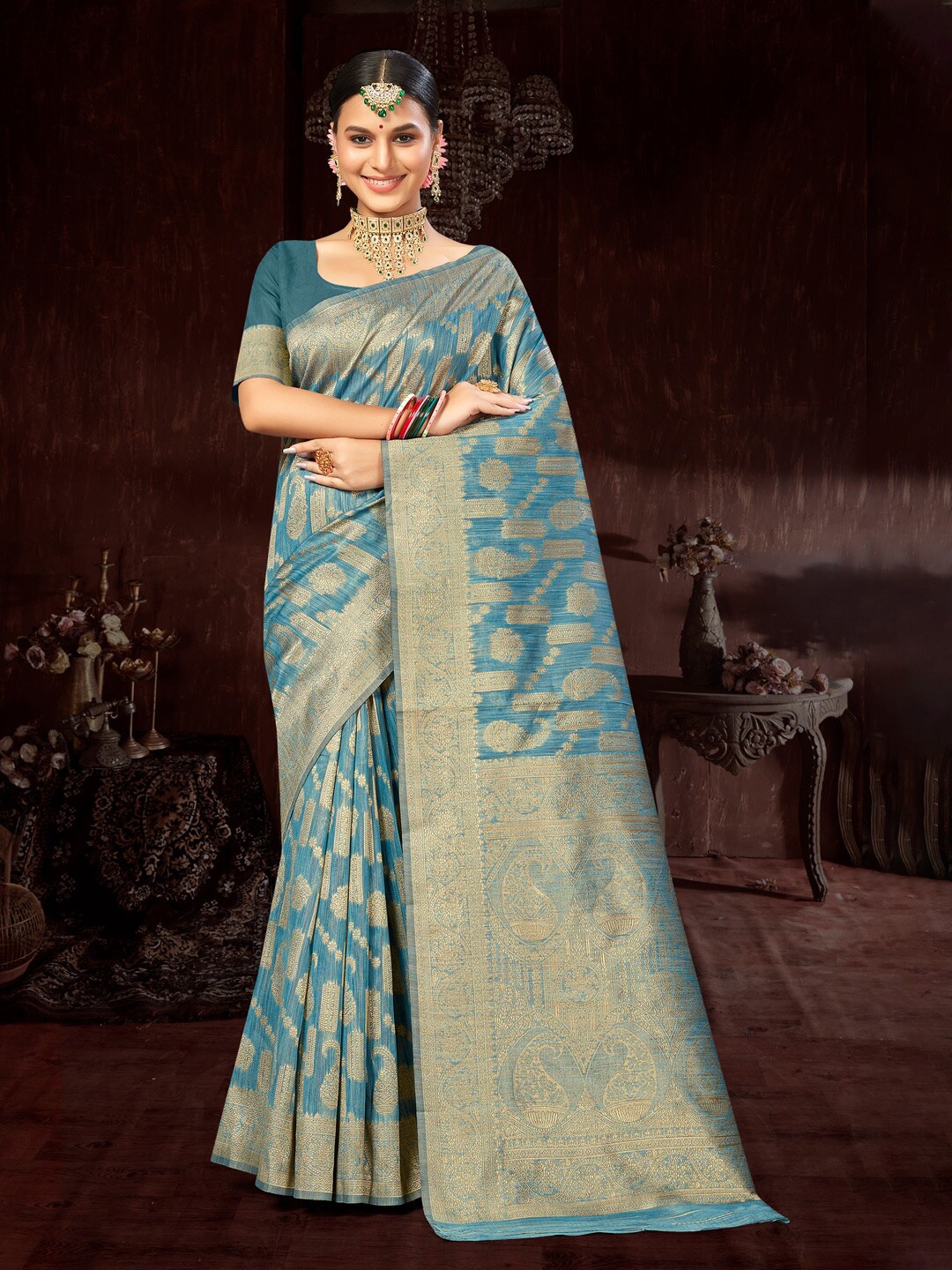 

Mitera Blue & Gold-Toned Ethnic Motif Woven Design Zari Saree