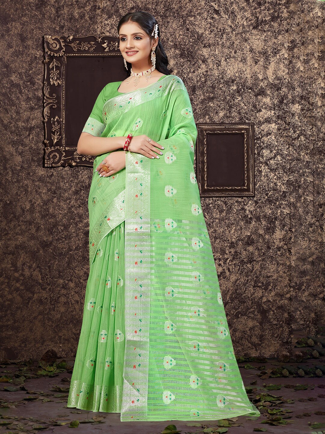 

Mitera Green & Silver-Toned Ethnic Motifs Woven Design Zari Saree