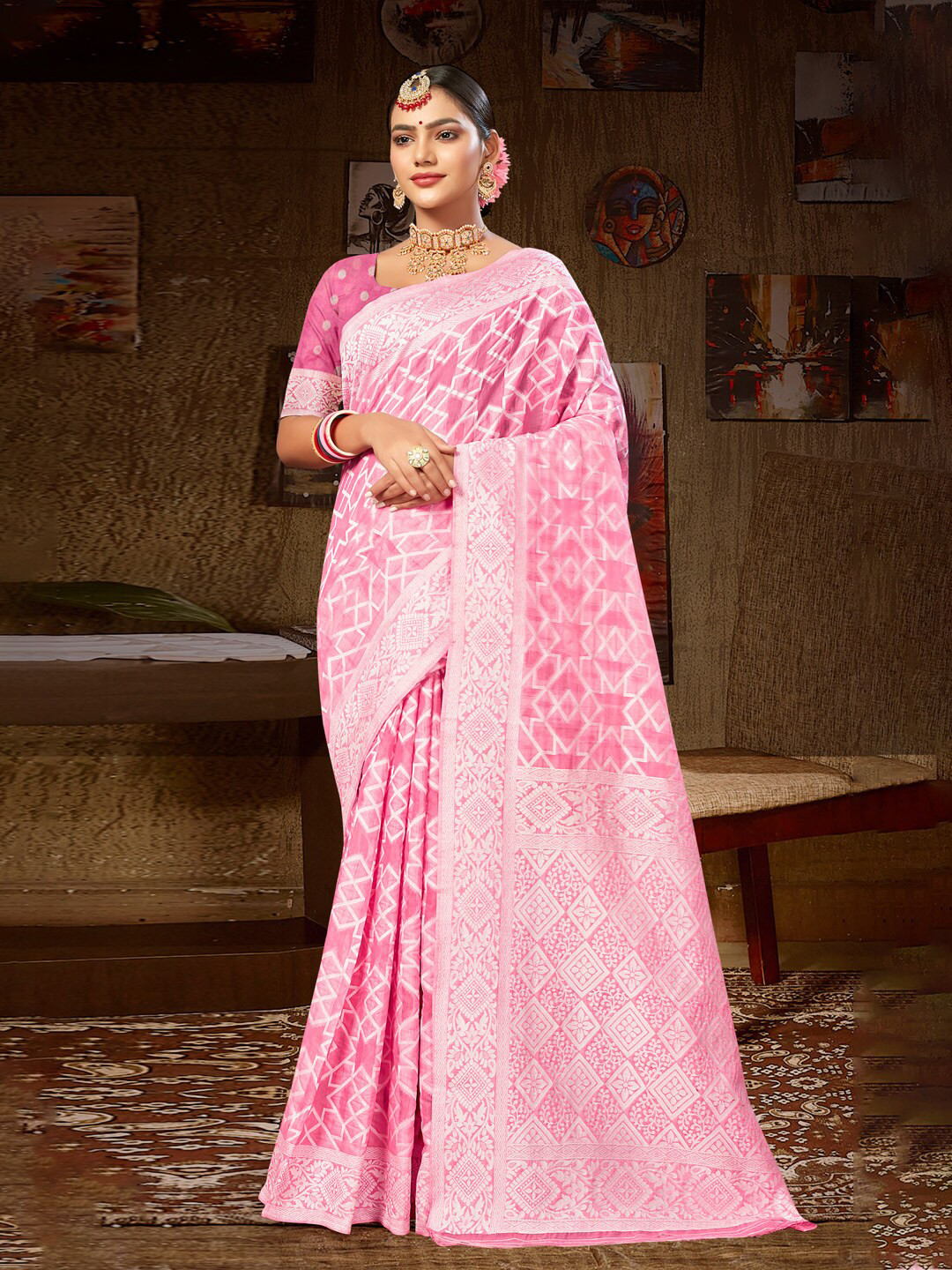 

Mitera Pink Geometric Woven Design Zari Saree