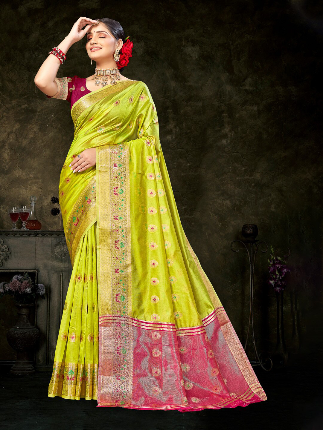

Mitera Green & Pink Woven Design Zari Organza Saree