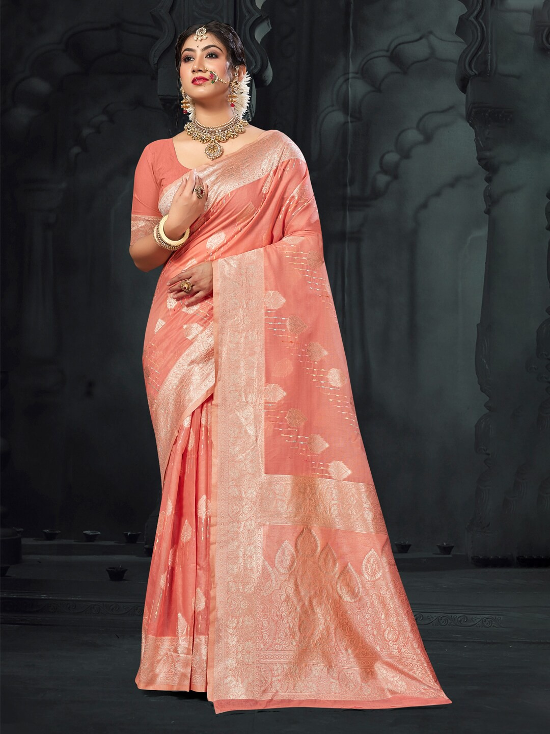 

Mitera Peach-Coloured Ethnic Motifs Woven Design Zari Detailed Saree